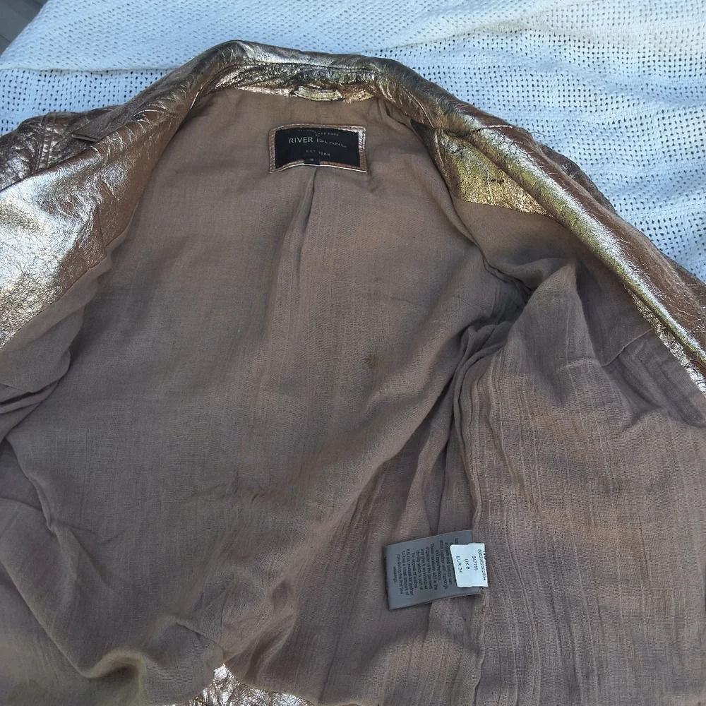 River Island Distressed Rose/ Gold leather bomber jacket S UK8 - Picture 7 of 16